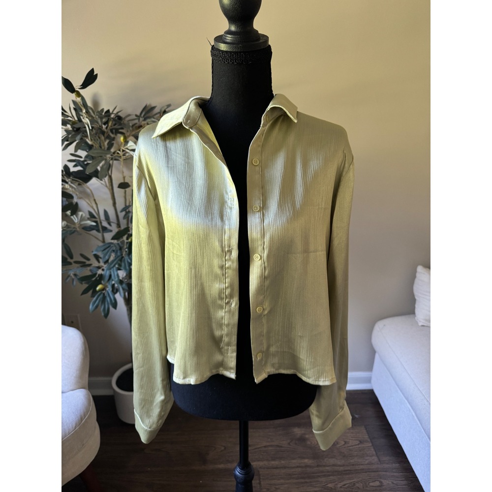 RO&DE Sage Green Micro Pleated Cropped Button Down Shirt Long Sleeve Large